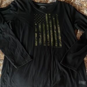 Life Is Good Black Long Sleeve Tee with Camo Flag Design